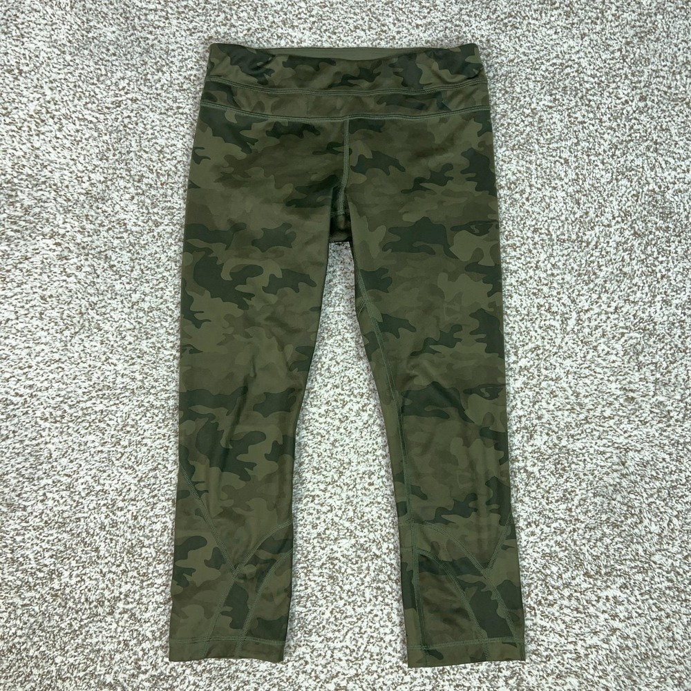 Lululemon Pants Womens 6 Green Camo Capri Leggings Zip Pocket Run Yoga Gym Sport
